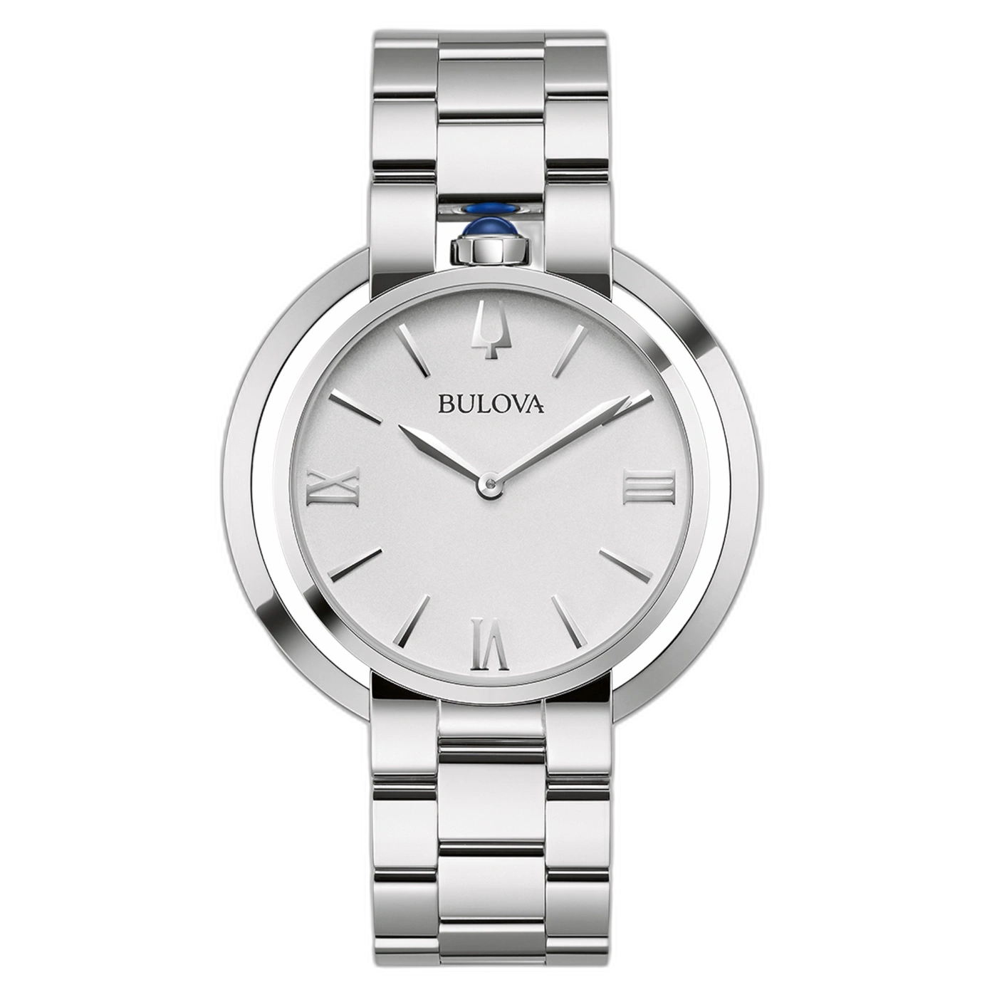 Silberne Bulova-Uhr mit römischen Ziffern und schwarzem Hintergrund.