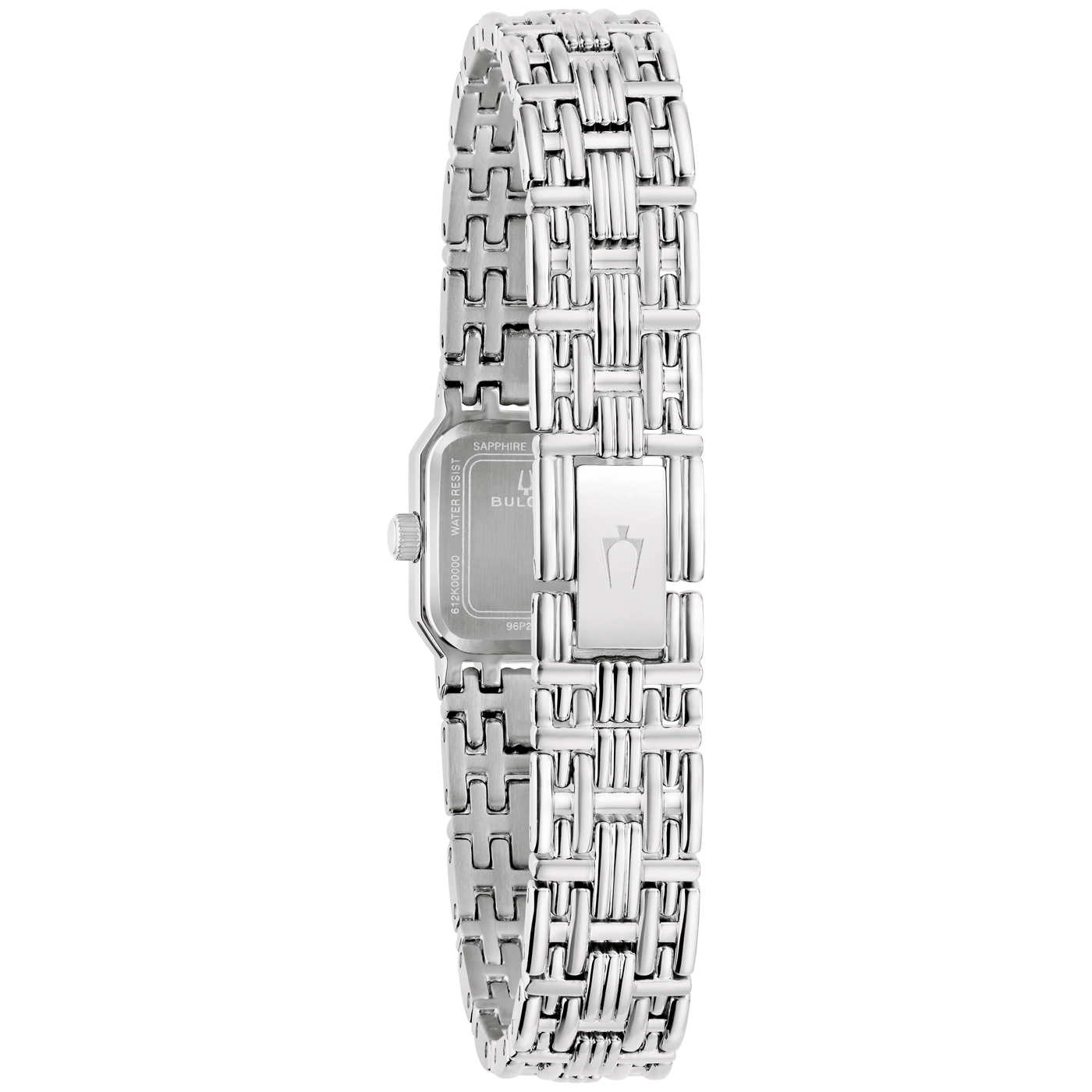 Rückseite einer silbernen Bulova-Uhr mit detailliertem Armband und Gehäusegravuren.