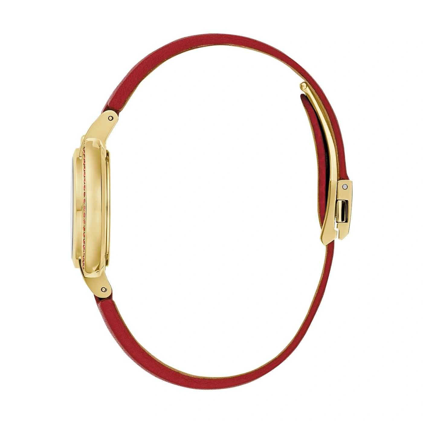 Goldene Uhr mit rotem Lederarmband, Seitenansicht, isoliert auf Weiß