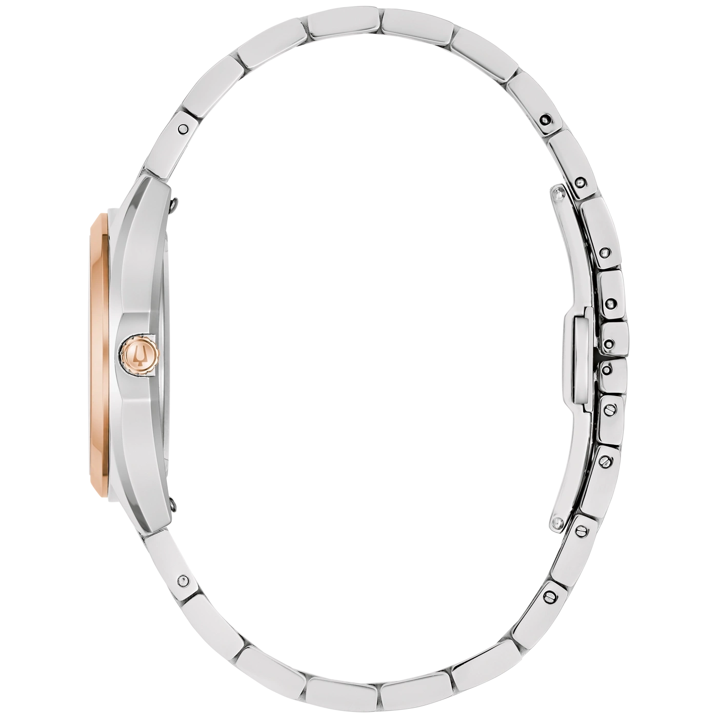 Eine Uhr mit silbernem Armband und roséfarbener Lünette