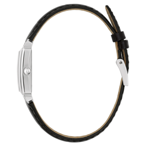Uhr mit schwarzem Lederarmband, silbernem Gehäuse, Seitenansicht, elegant, stilvoll, Accessoire