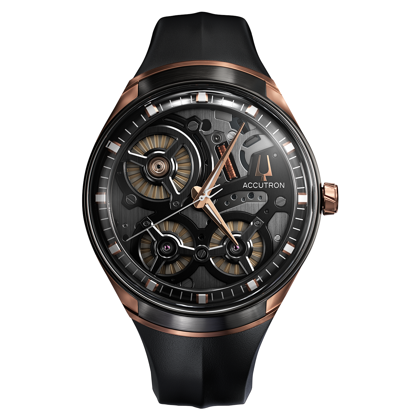 Accutron Uhr, schwarz, goldfarben, skelettiert, elegantes Design, Luxus