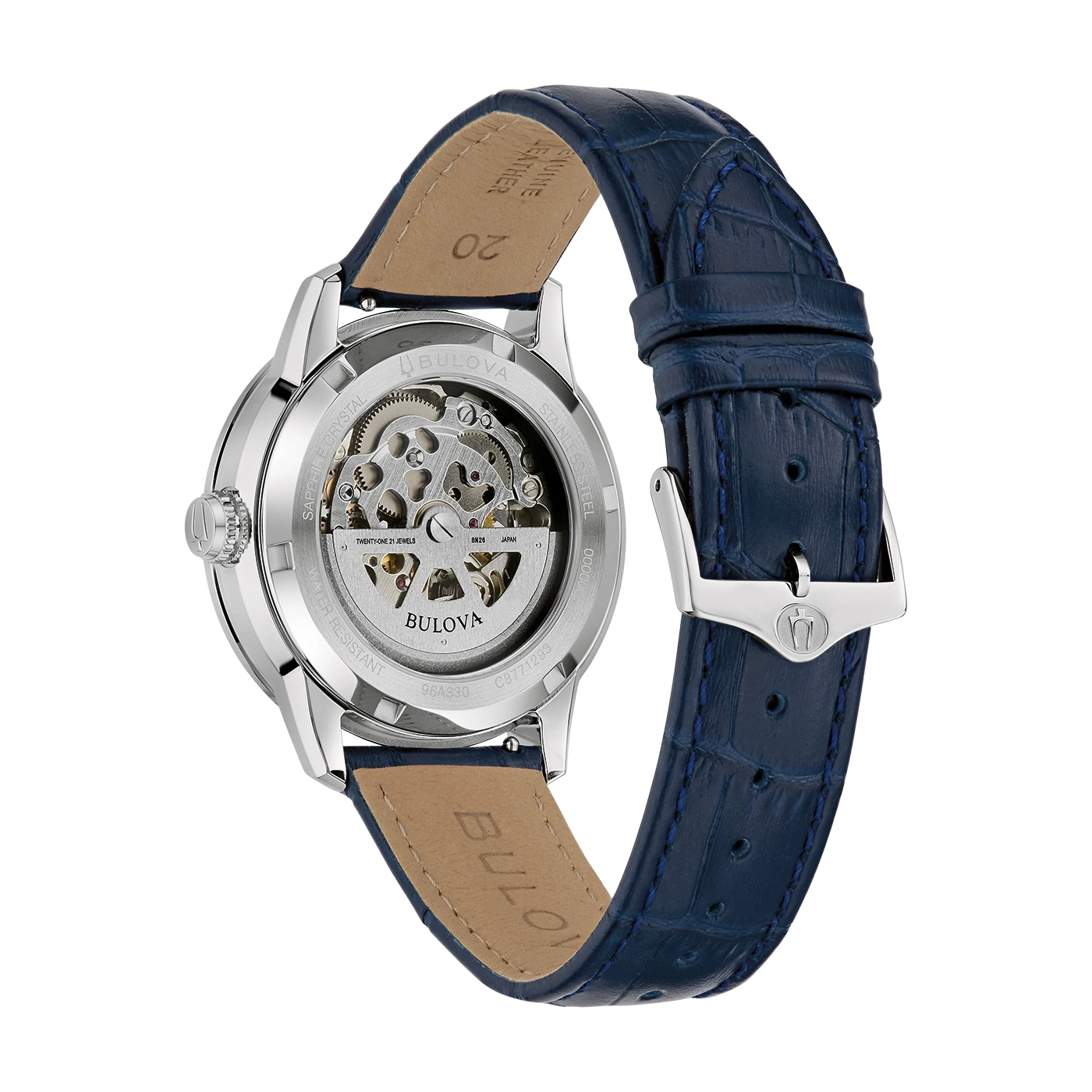 Bulova-Uhr mit blauem Lederarmband, skelettiertem Zifferblatt und Edelstahlgehäuse.