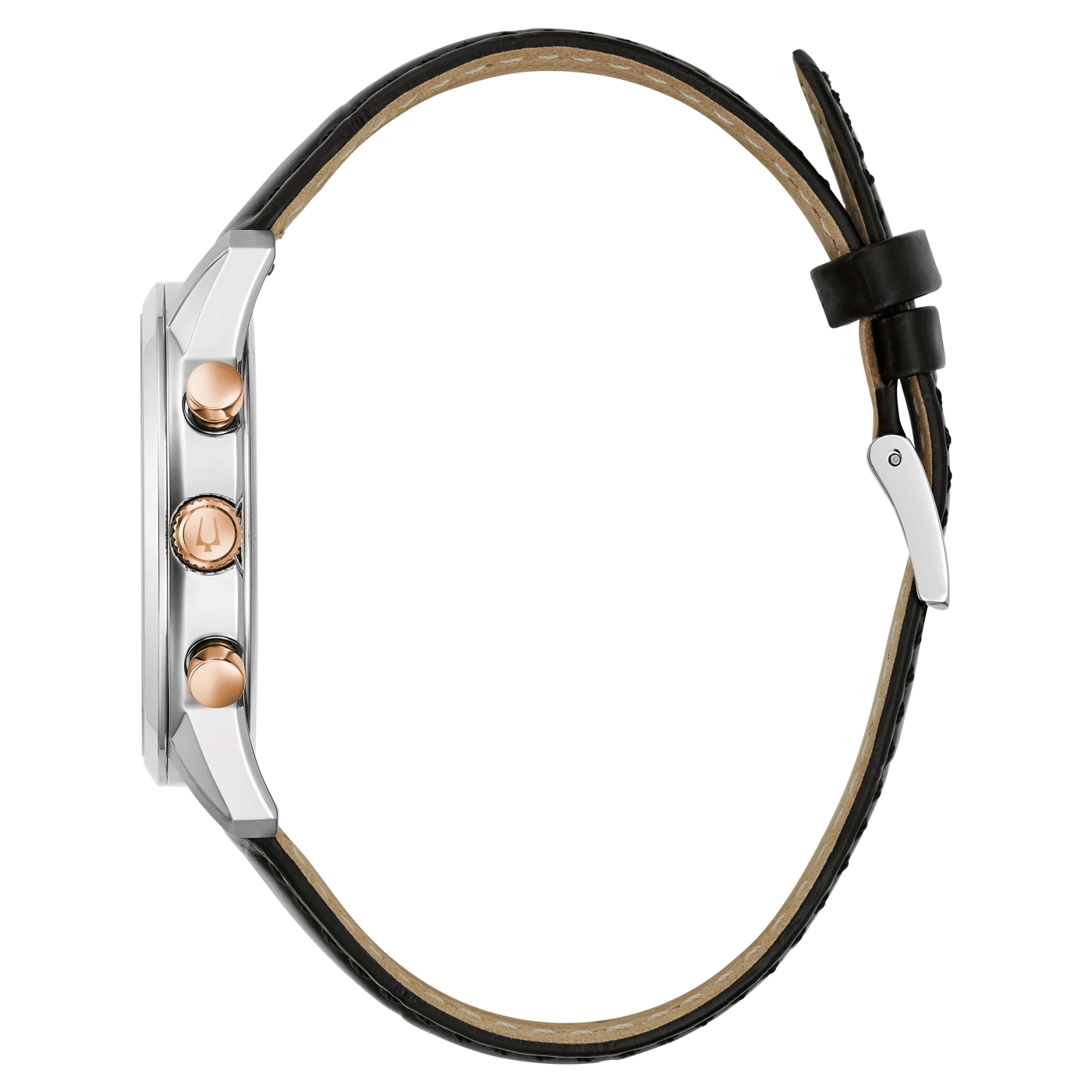Uhr mit schwarzem Lederarmband und silbernem Gehäuse, Detailansicht