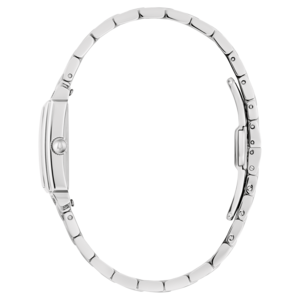 Silberne Damenuhr, Seitenansicht, rechteckiges Zifferblatt, Metallarmband, Detailaufnahme, isoliert