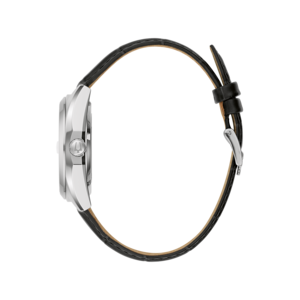 Uhr mit schwarzem Lederarmband, silbernem Gehäuse und elegantem Design.