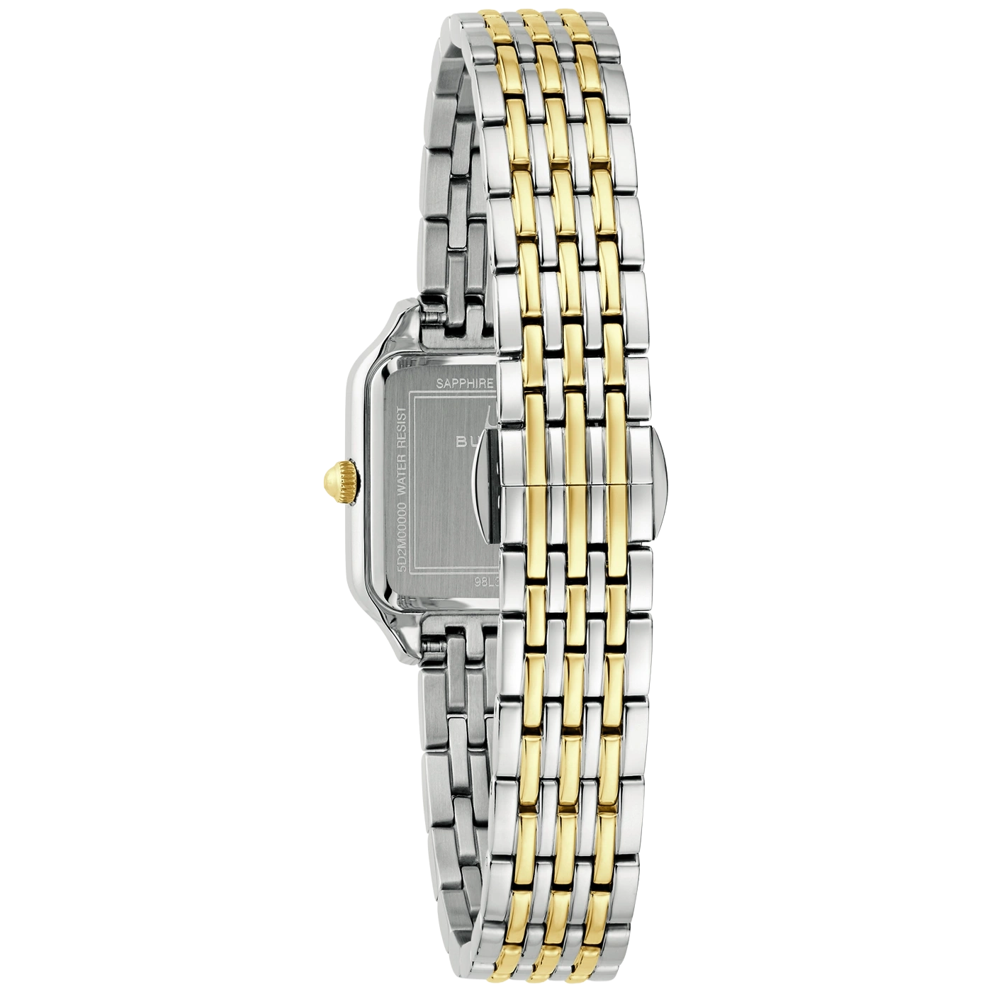 Eine zweifarbige Armbanduhr mit silbernen und goldenen Gliedern, von der Seite gesehen.