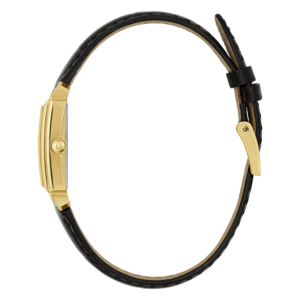 Goldene Uhr mit schwarzem Lederarmband, Seitenansicht, elegantes Design, Accessoire