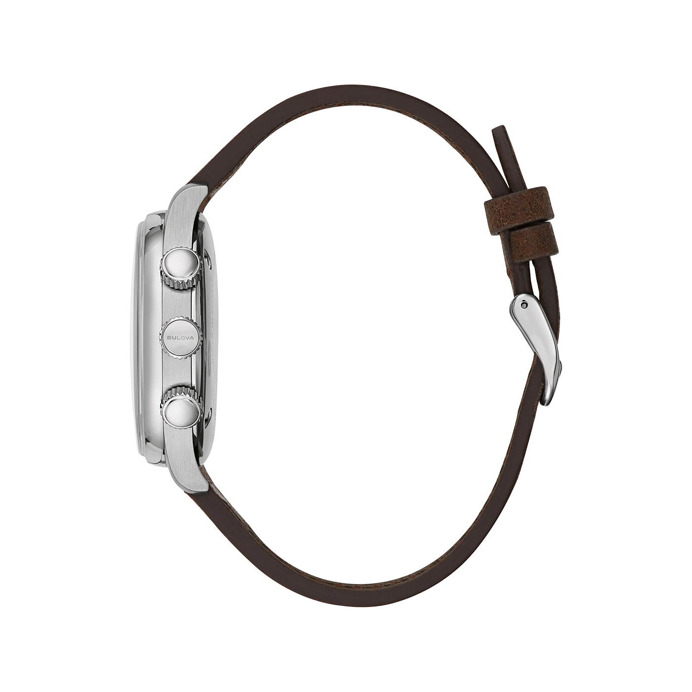 Bulova-Uhr, braunes Lederarmband, silbernes Gehäuse, Seitenansicht, Detailaufnahme
