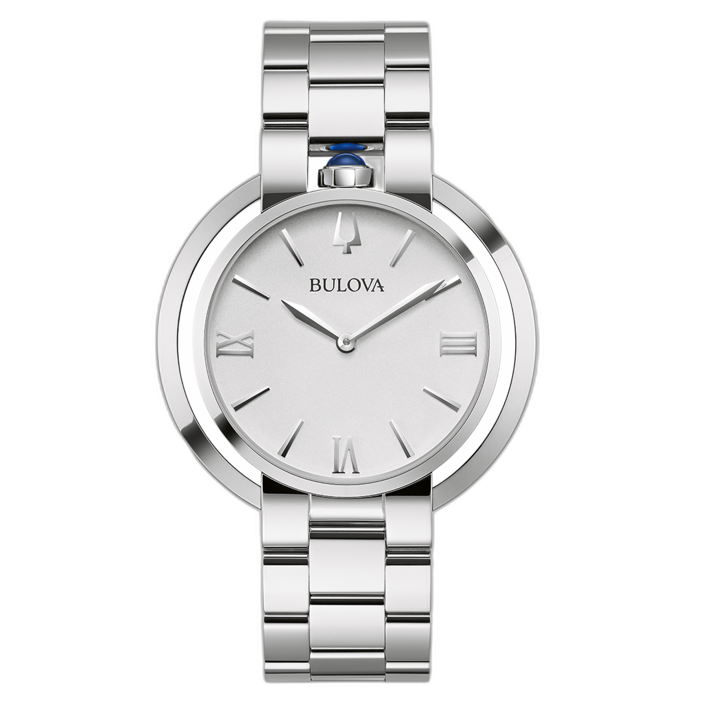 Silberne Bulova-Uhr mit römischen Ziffern und schwarzem Hintergrund.