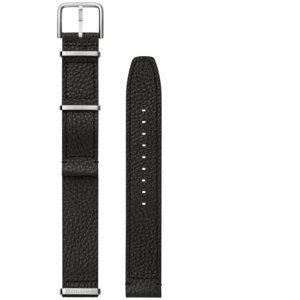 Schwarzes Lederarmband mit silbernen Details und Bulova-Logo, Nahaufnahme.