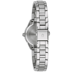 Silberne Uhr mit Metallarmband, Detailaufnahme, Rückseite, Bulova-Logo