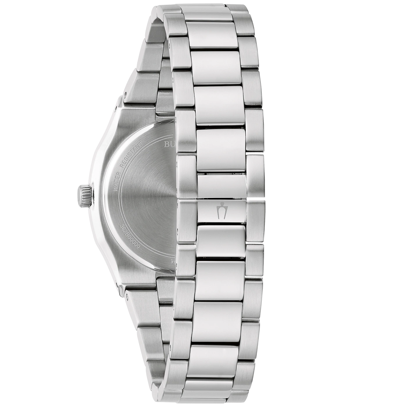 Uhr mit Metallarmband, Nahaufnahme, silberfarben, wasserdicht, Bulova