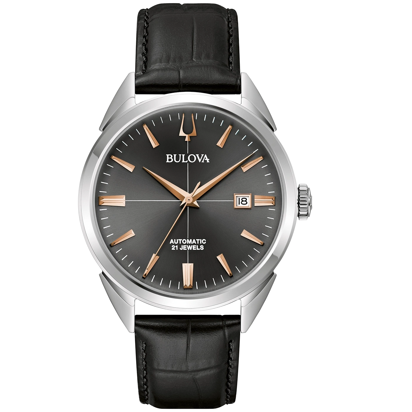 Bulova-Uhr mit schwarzem Zifferblatt und Lederarmband, Datum 18