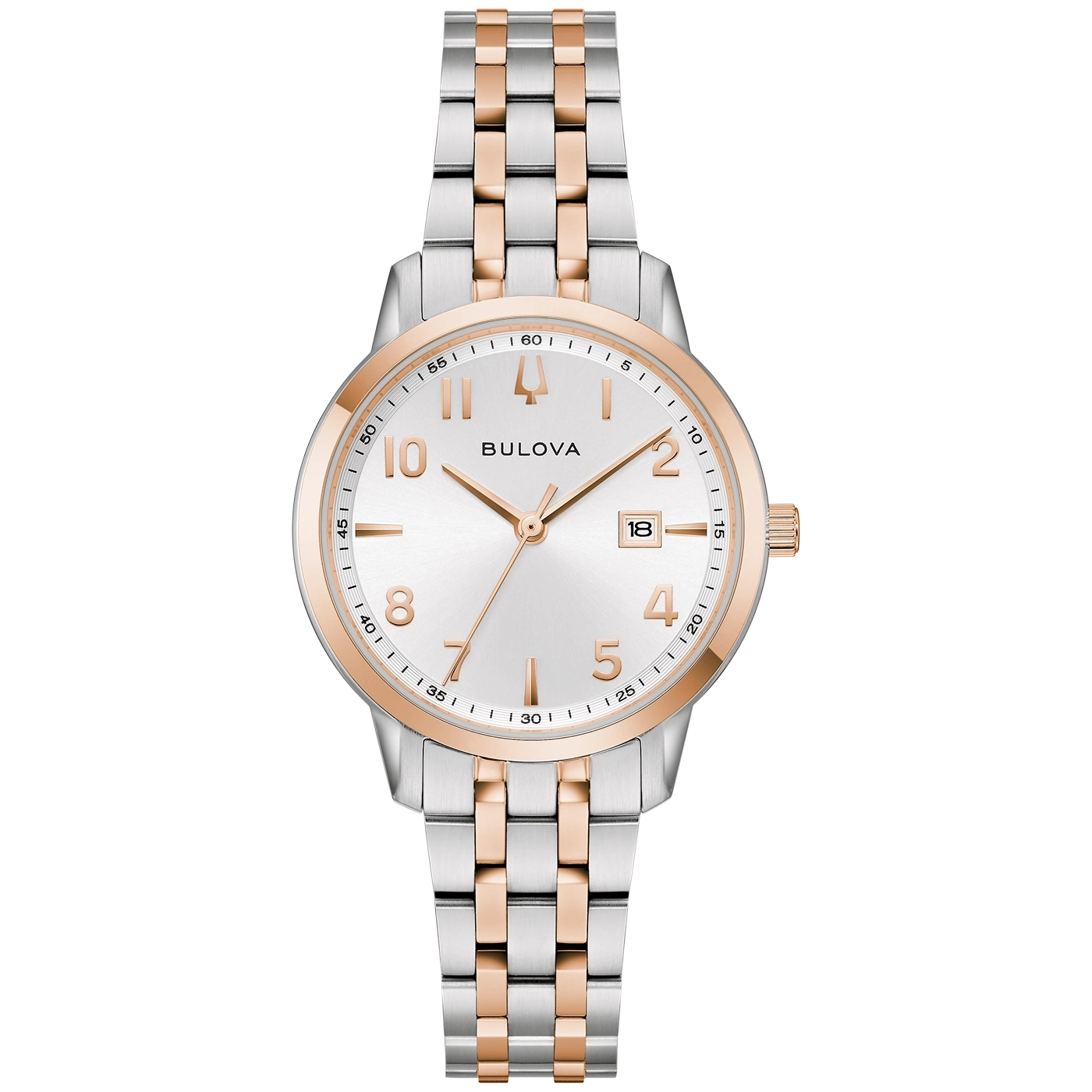 Eine silberne und roségoldene Bulova-Armbanduhr mit weißem Zifferblatt.