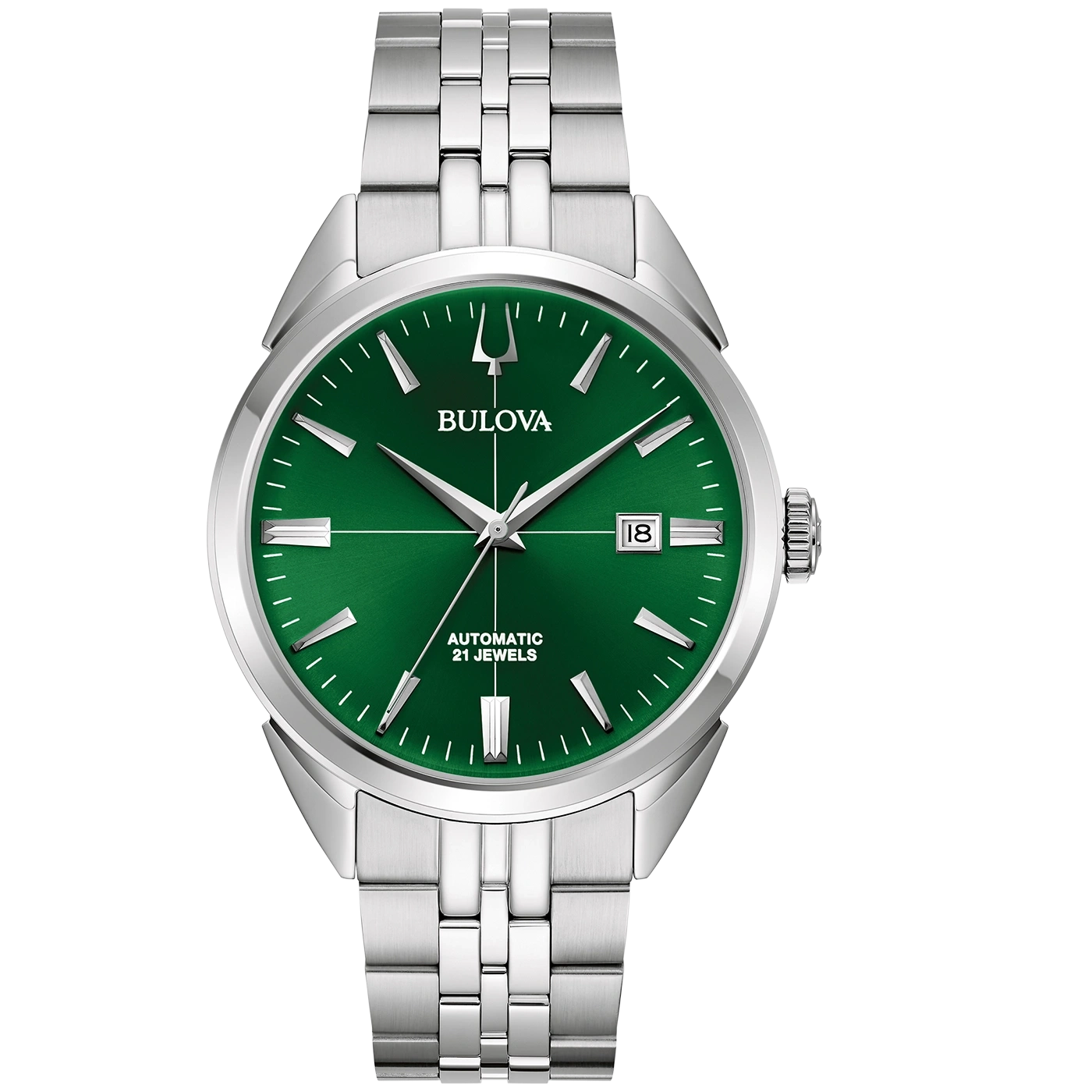 Bulova-Uhr mit grünem Zifferblatt und silbernem Armband, elegant.