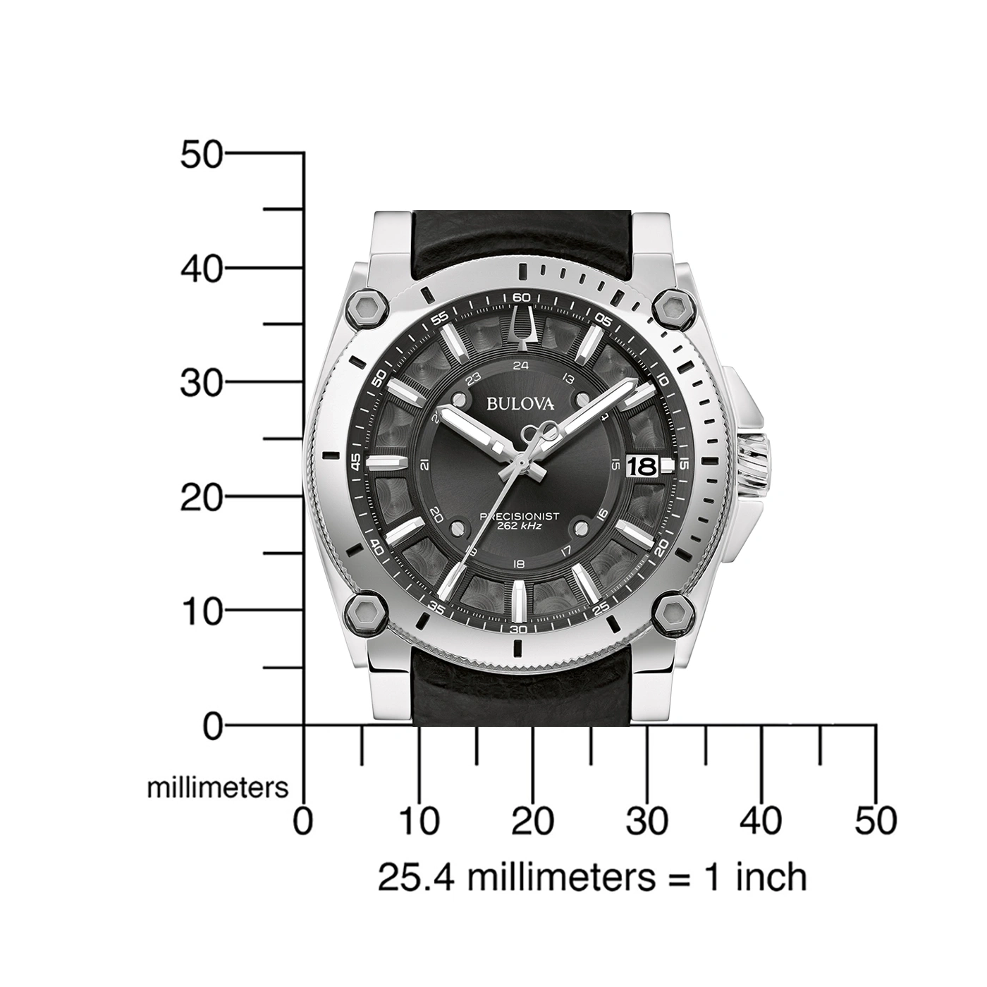 Uhr mit Messskala, zeigt die Größe in Millimetern und Zoll an.