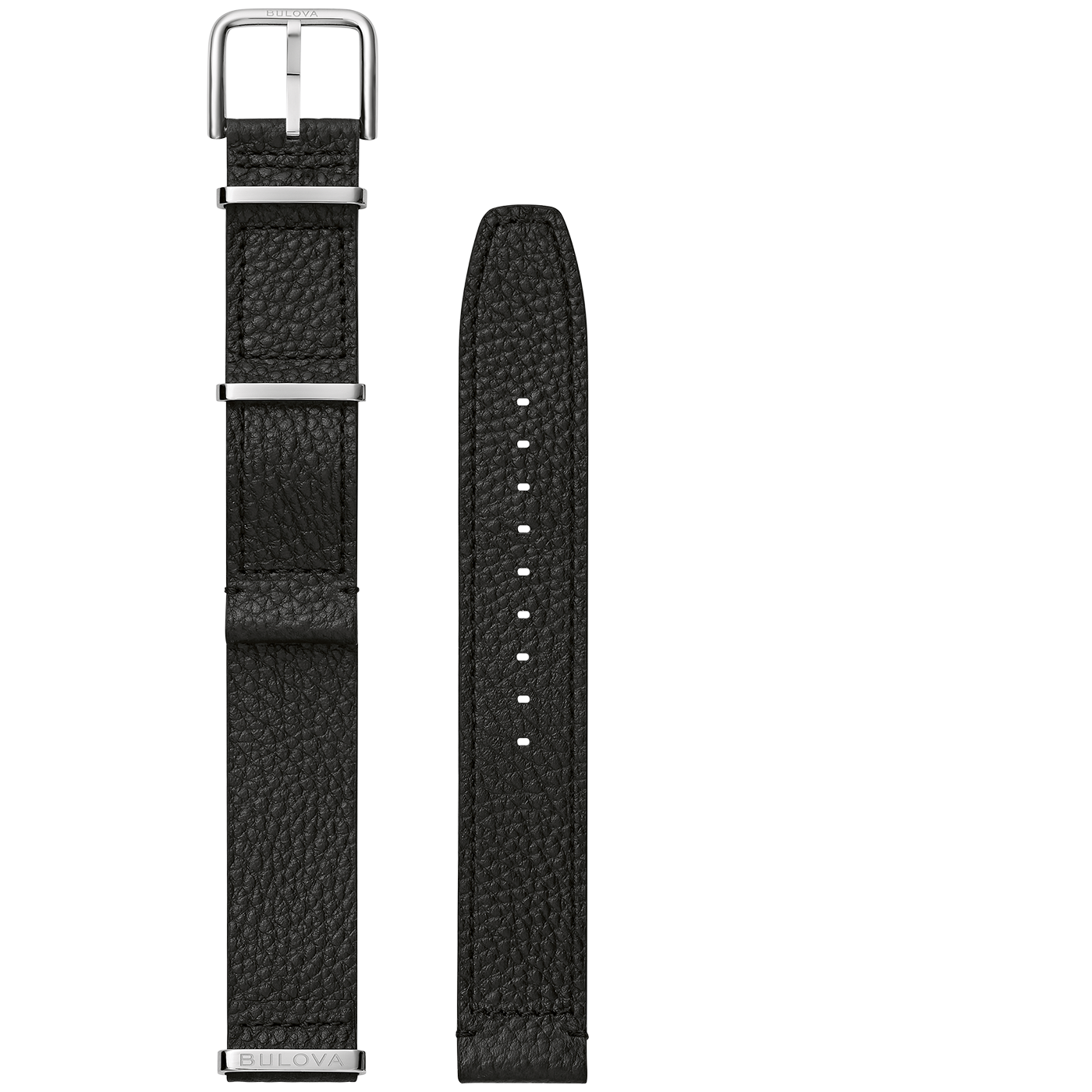 Schwarzes Lederarmband mit silbernen Details und Bulova-Logo, Nahaufnahme.