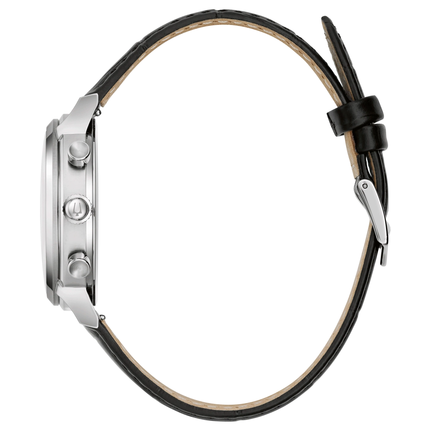 Uhr mit schwarzem Lederarmband. Silbernes Gehäuse. Zeitmesser. Elegantes Design. Chronograph.