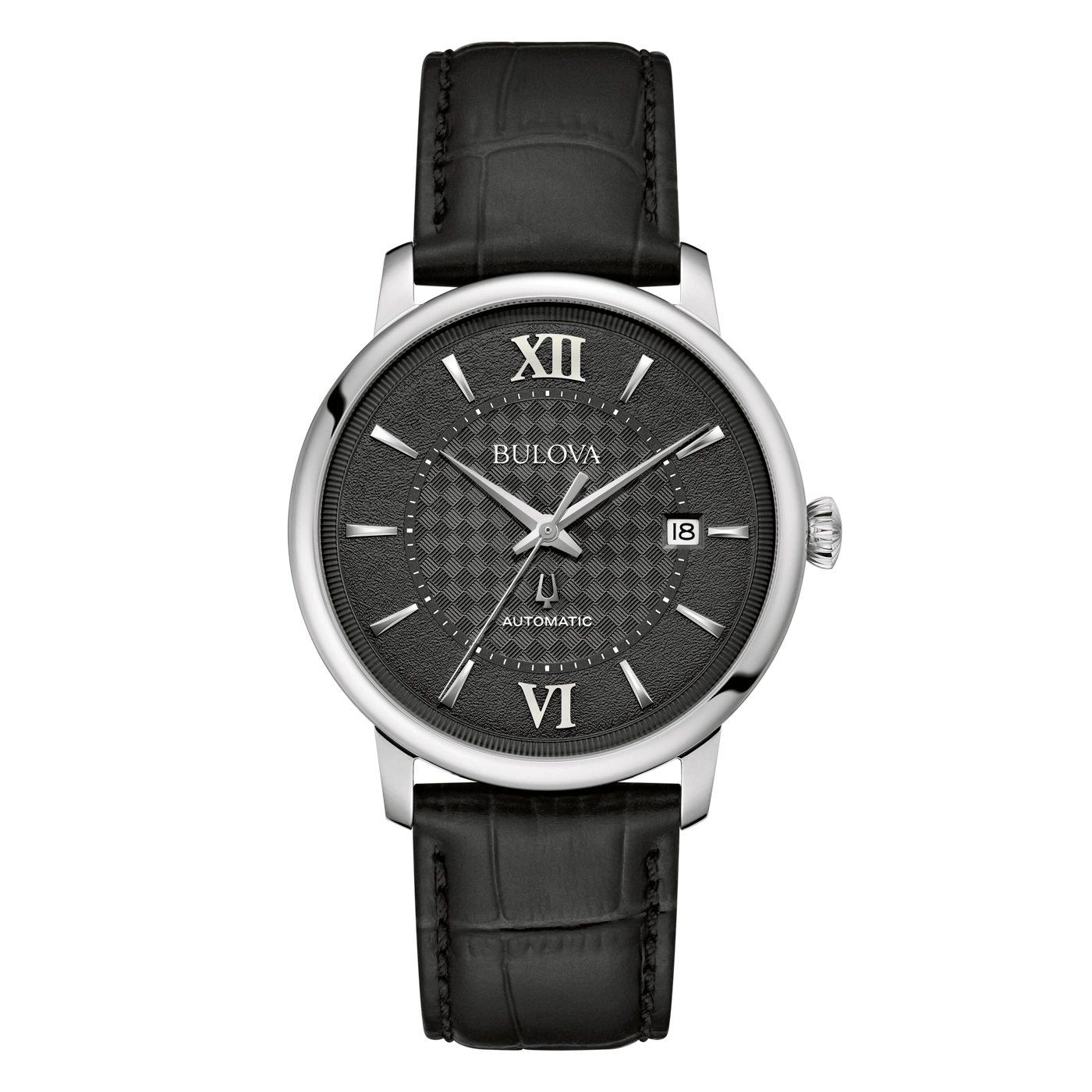 Bulova Herrenuhr mit schwarzem Zifferblatt und Lederarmband, elegant.