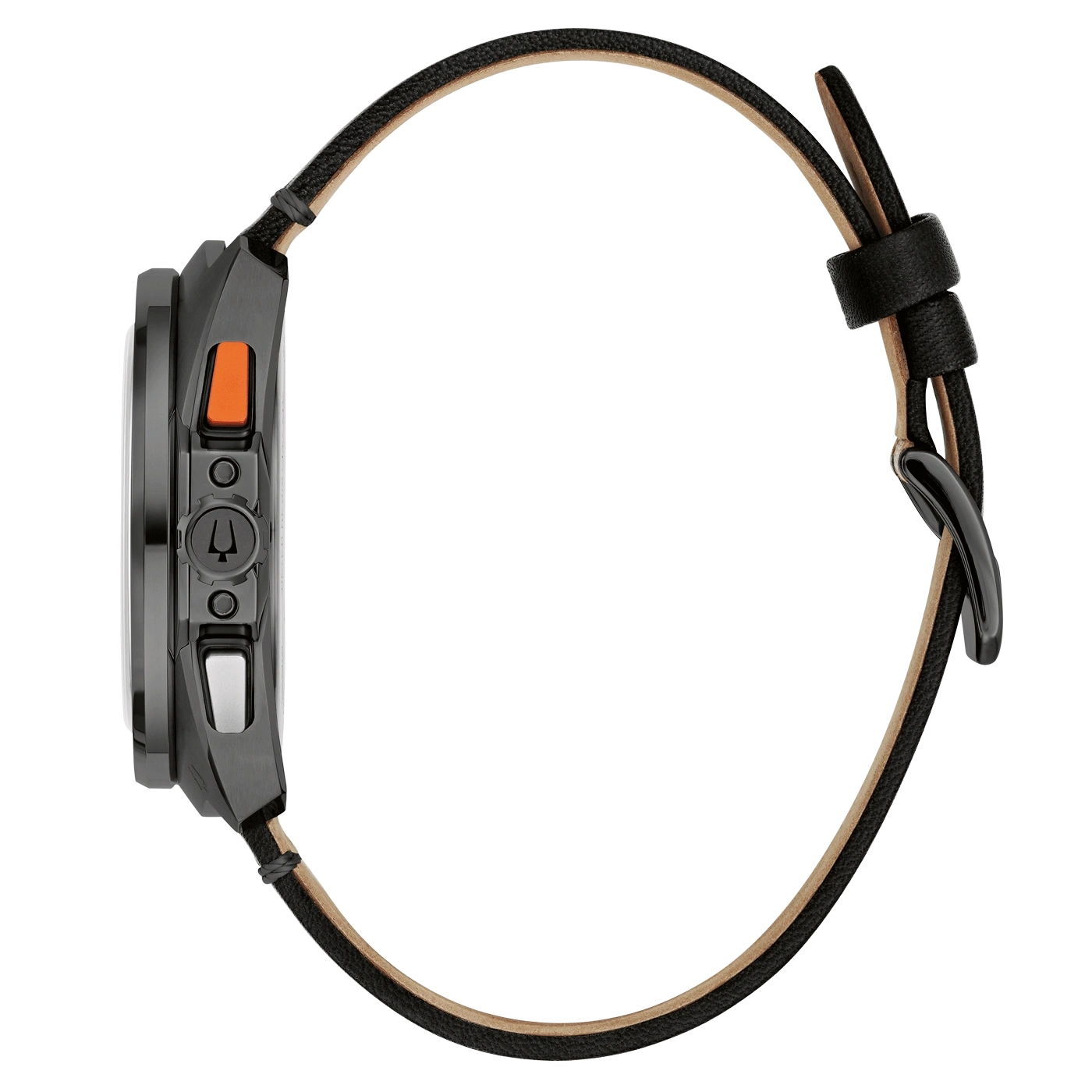 Schwarze Uhr mit Lederarmband, orangefarbenen Knöpfen und schwarzer Schnalle.