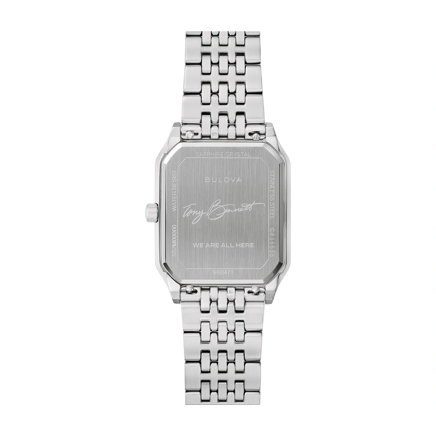 Rückseite einer silbernen Uhr mit Gravur, Text und Unterschrift von Tony Bennett.