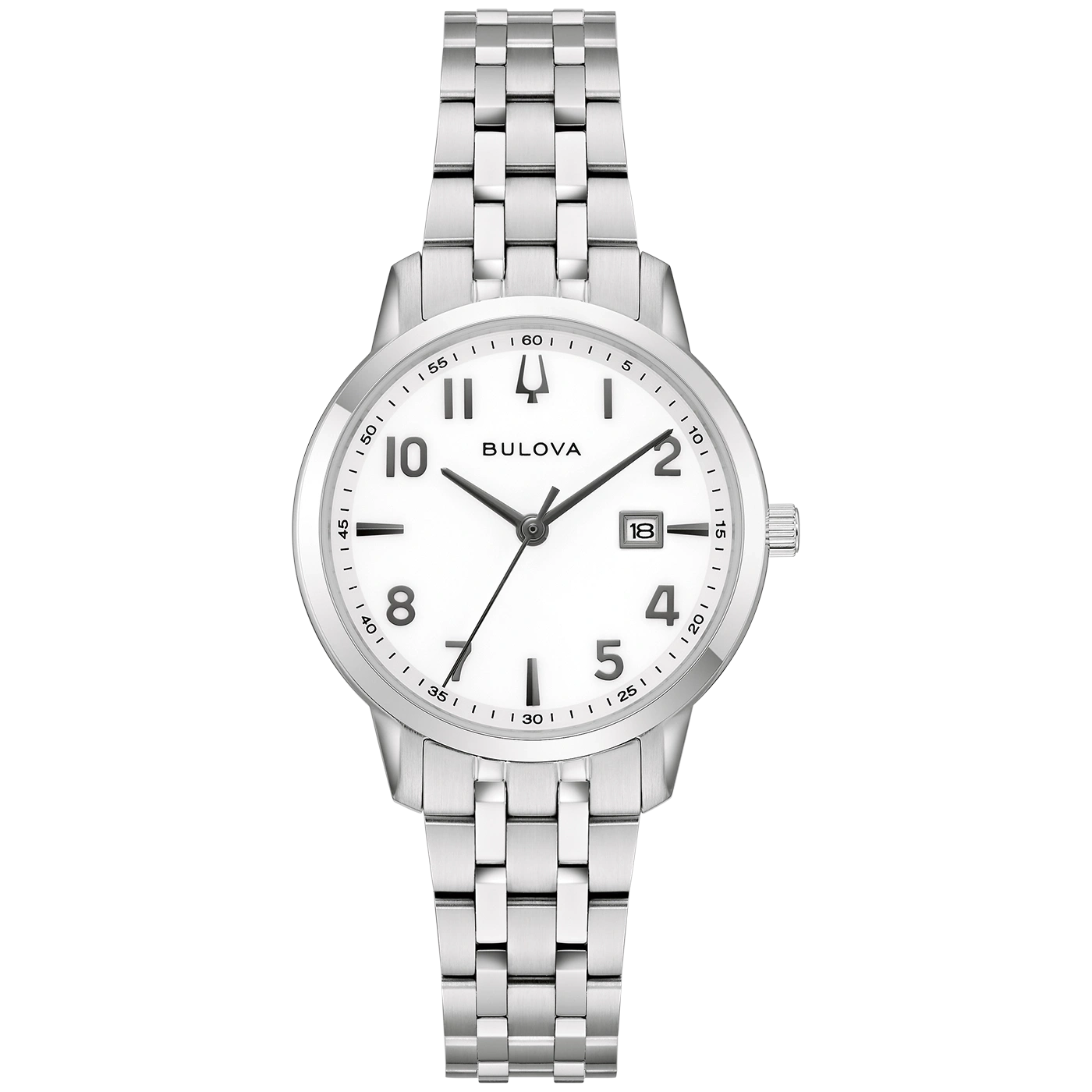 Eine silberne Bulova-Uhr mit weißem Zifferblatt und Datumsanzeige.