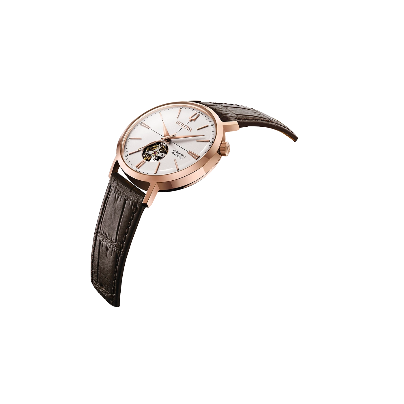 Bulova-Uhr mit braunem Lederarmband und roségoldenem Gehäuse, Detailaufnahme