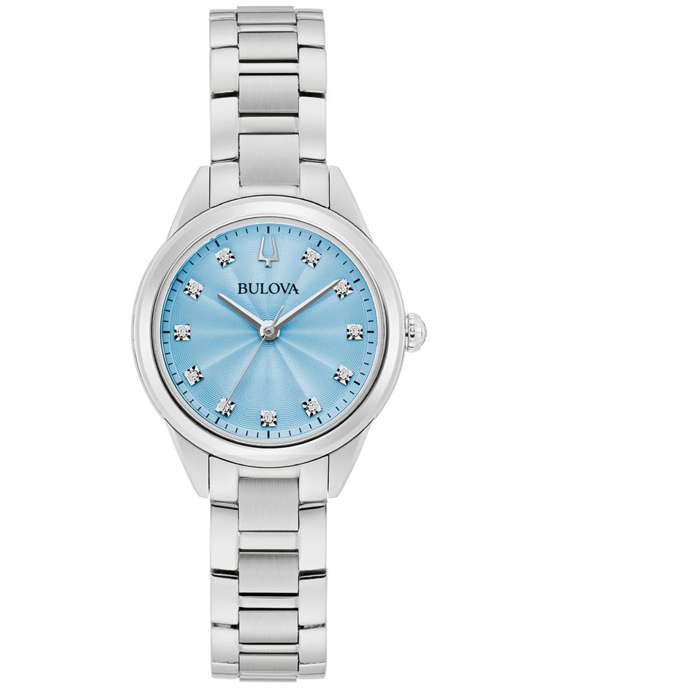 Bulova Damenuhr, hellblaues Zifferblatt, silbernes Armband, Diamanten, elegant, stilvoll
