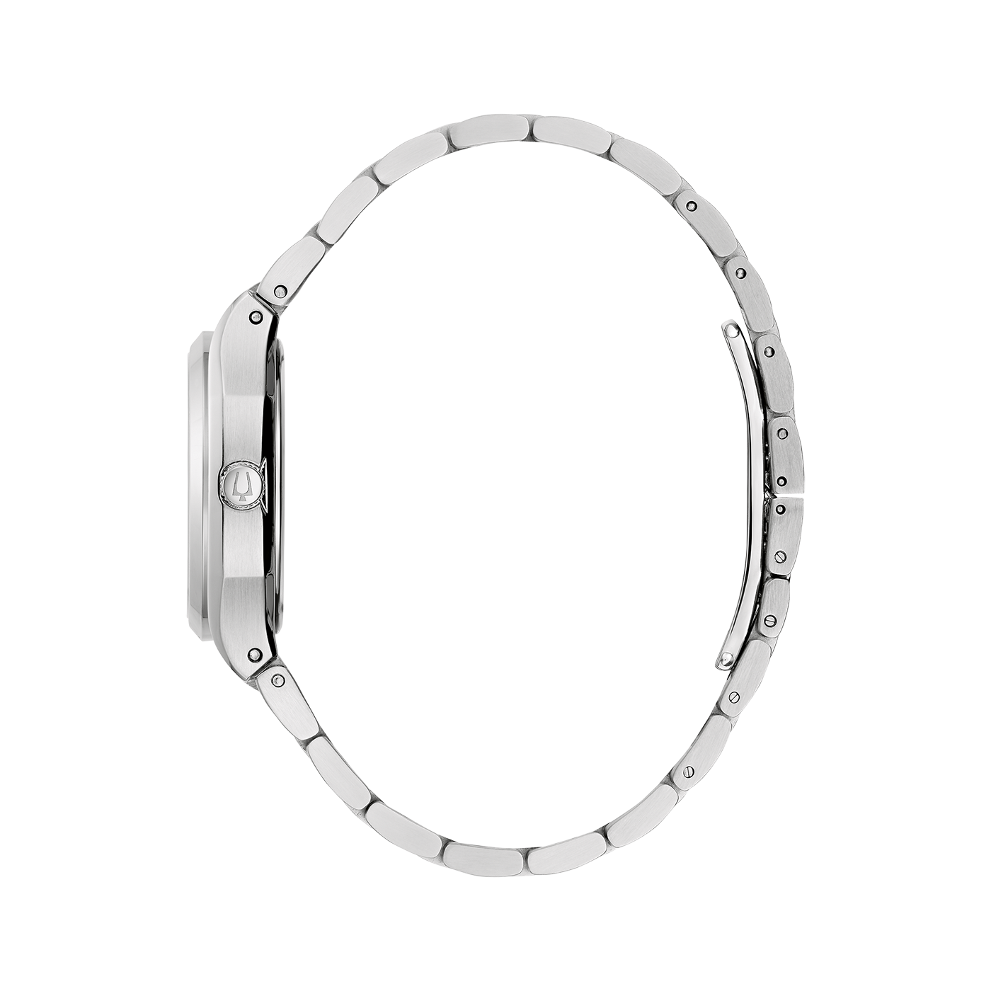 Silberne Uhr mit Armband, Seitenansicht, elegantes Design, Detailaufnahme, Schmuck
