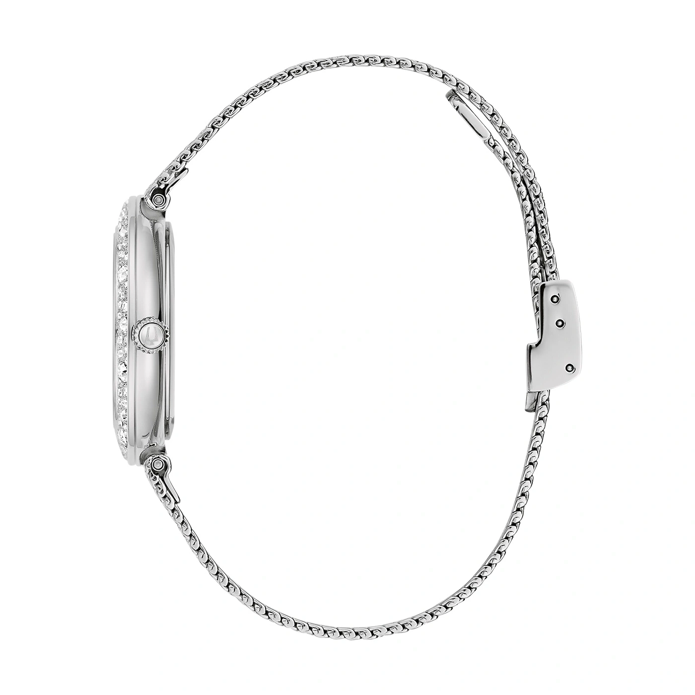 Silberne Damenuhr mit Strasssteinen und filigranem Armband, Seitenansicht