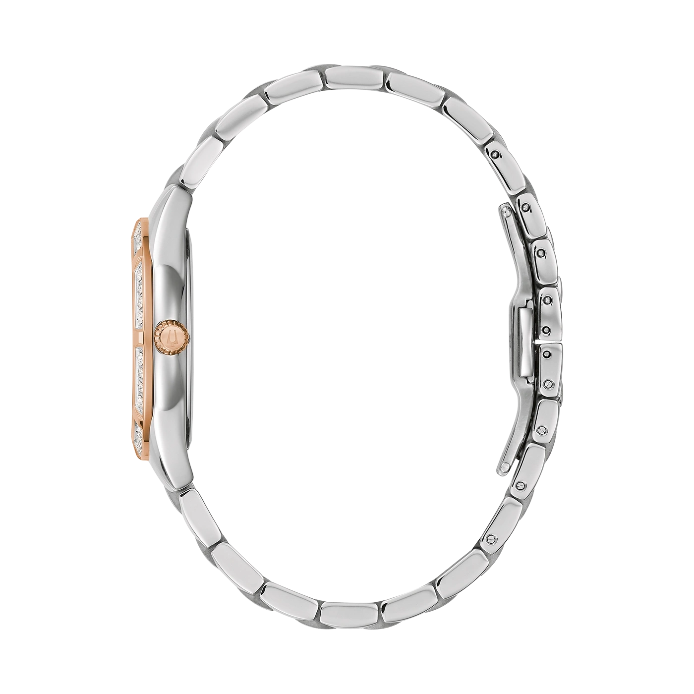 Uhr mit Diamanten und roségoldfarbenen Akzenten, Seitenansicht, Armband