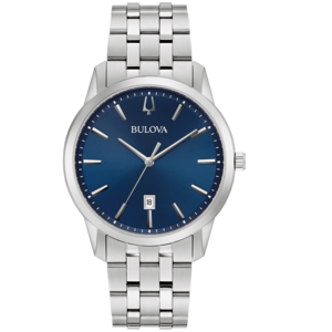 Bulova-Uhr mit blauem Zifferblatt und silbernem Armband. Elegantes Design.