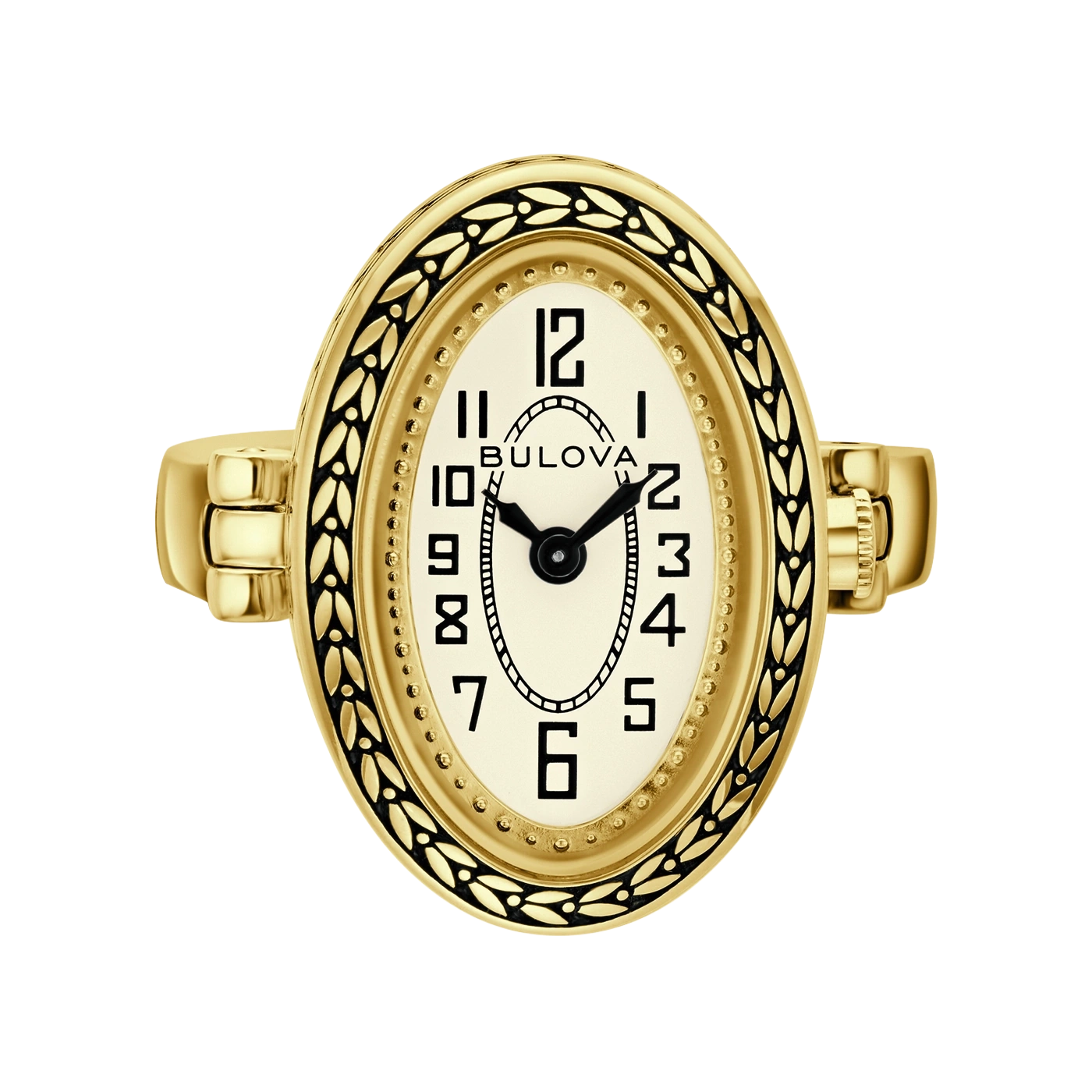Goldene ovale Bulova-Uhr mit schwarzem Zifferblatt und römischen Ziffern.