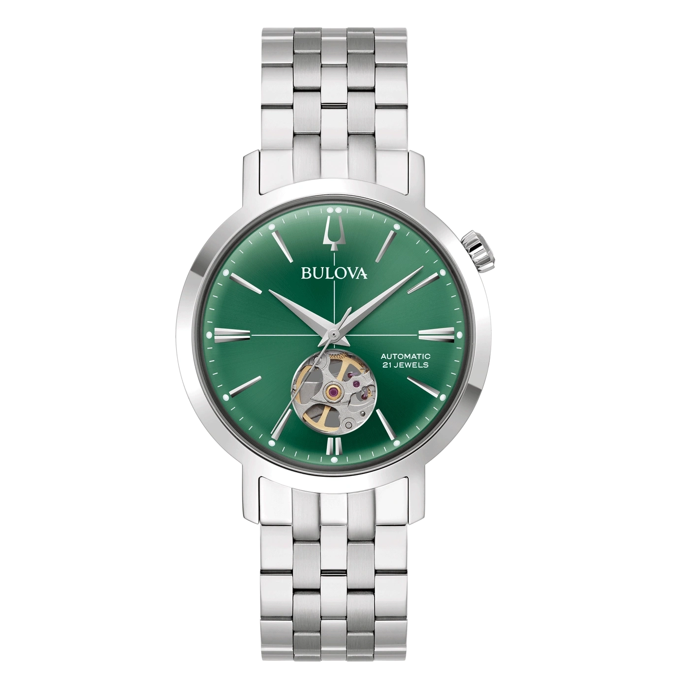 Bulova-Uhr mit grünem Zifferblatt und silbernem Armband, Automatik