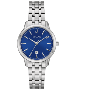 Bulova-Uhr mit blauem Zifferblatt und silbernem Armband, elegant.