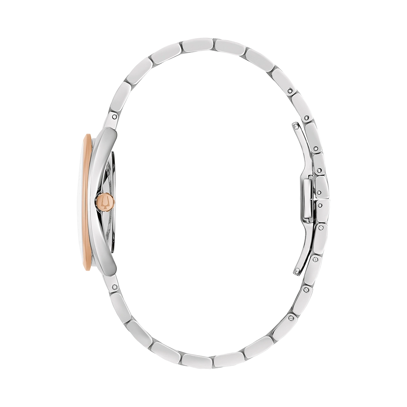 Uhr, silbernes Armband, roségoldfarbenes Gehäuse, Seitenansicht, elegantes Design, Accessoire