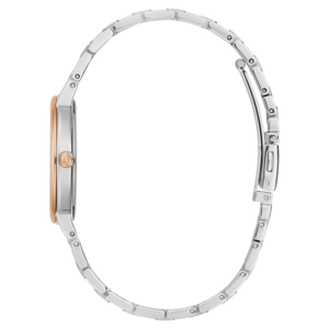 Uhr, silbernes Armband, roségoldenes Zifferblatt, Seitenansicht, elegantes Design, Accessoire