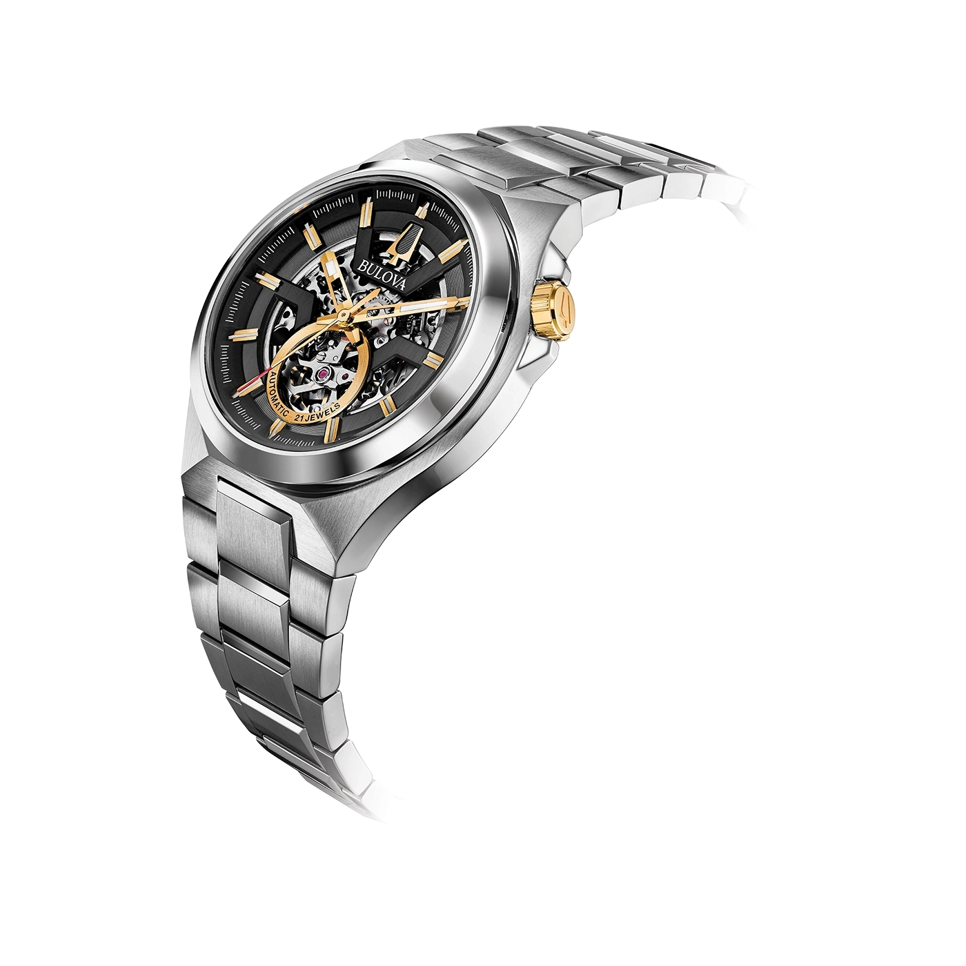 Bulova Herrenuhr, silbernes Gehäuse, schwarzes Zifferblatt, goldenen Akzenten, Automatikwerk
