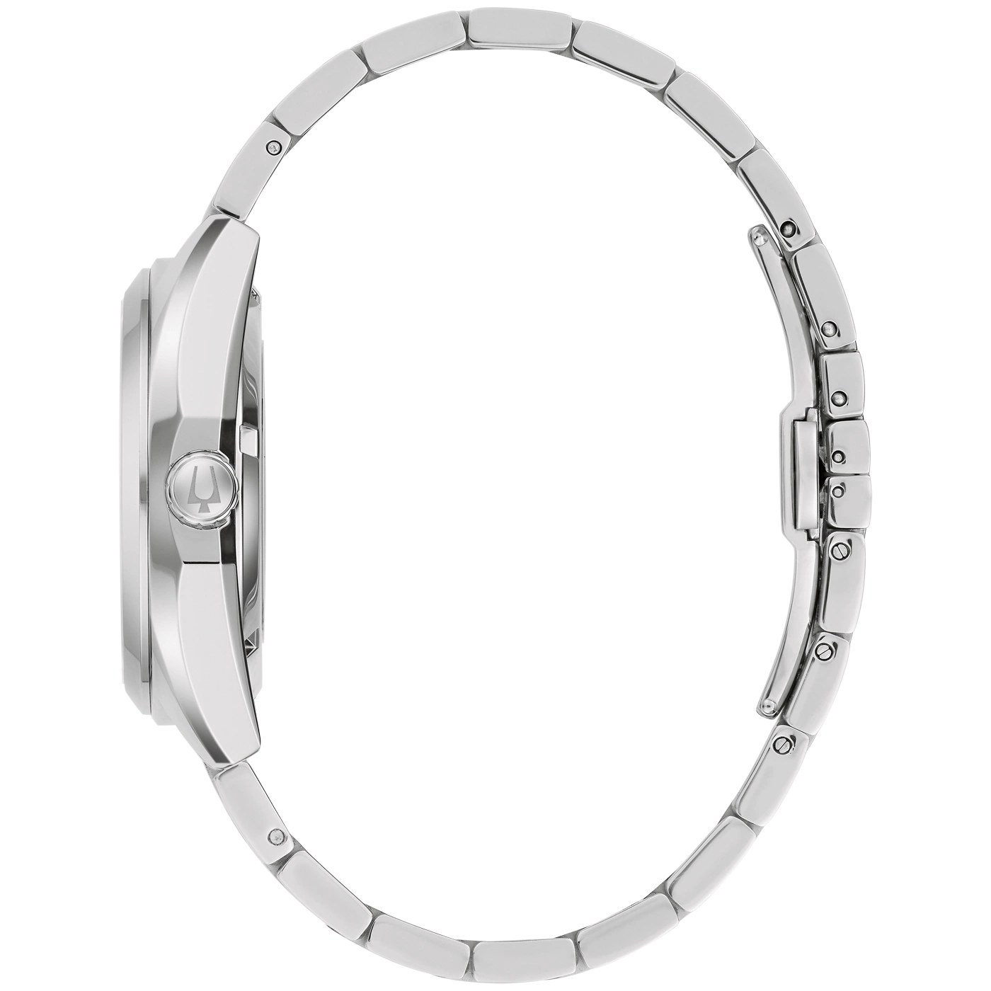 Seitenansicht einer silbernen Armbanduhr mit poliertem Metallband.