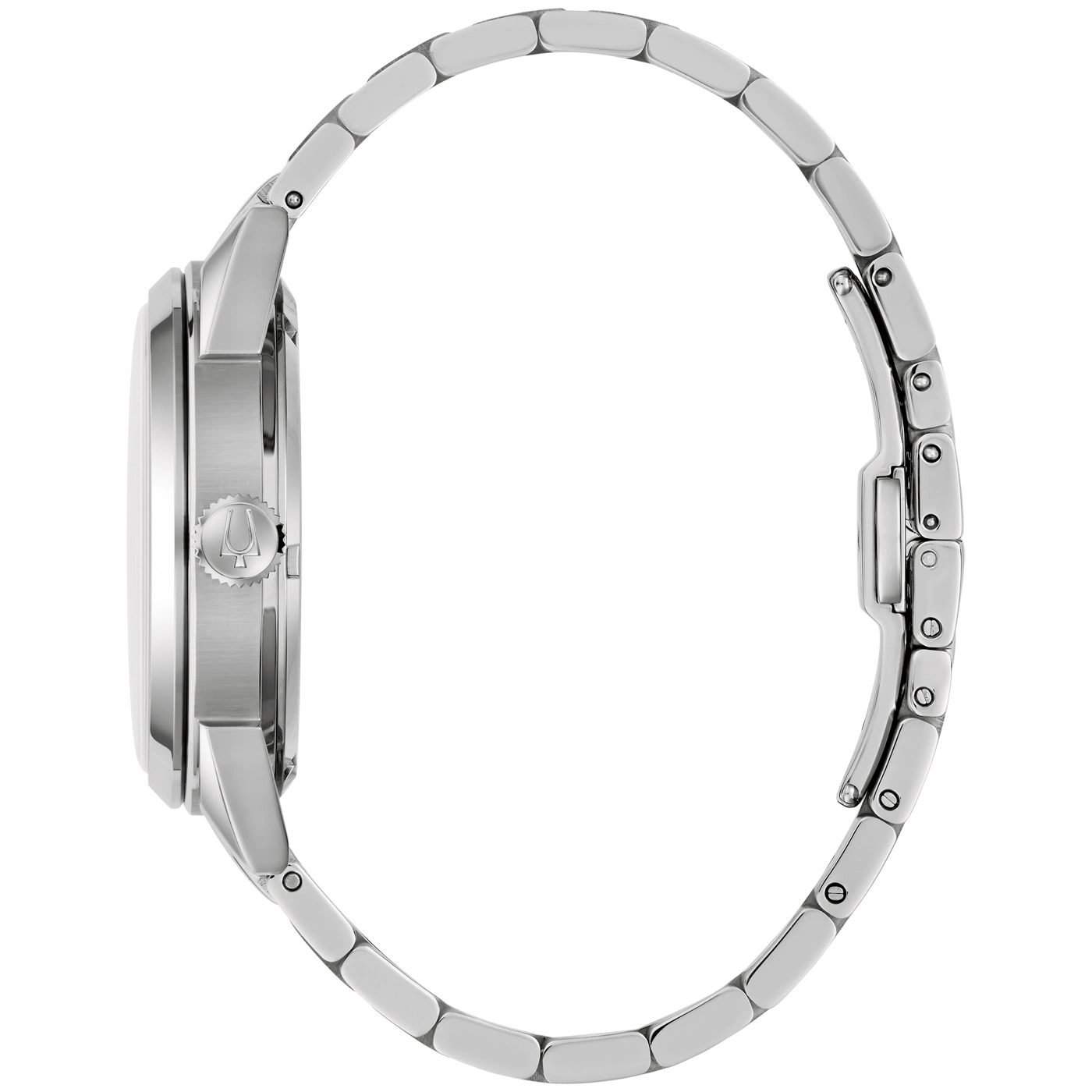 Seitenansicht einer silbernen Bulova-Damenuhr mit silbernem Armband