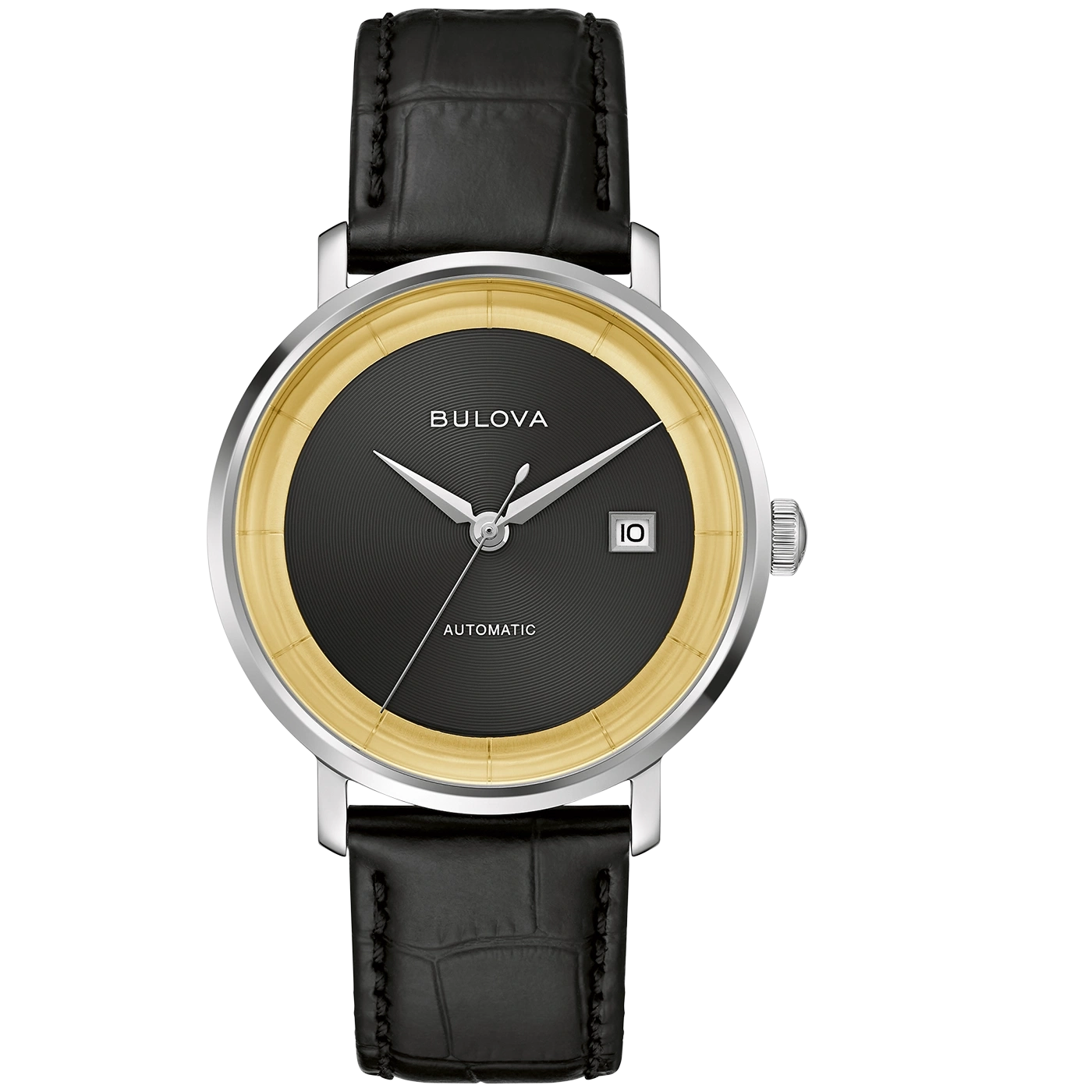 Bulova-Uhr mit schwarzem Zifferblatt und goldenem Rand, Lederarmband