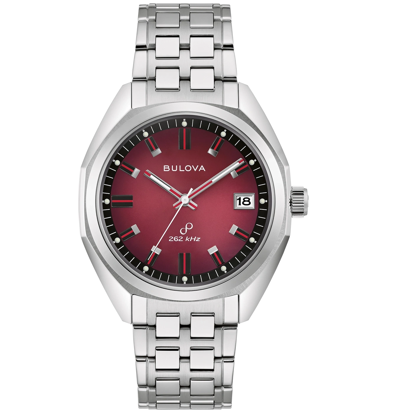 Bulova-Uhr mit rotem Zifferblatt und silbernem Armband, Datum 18