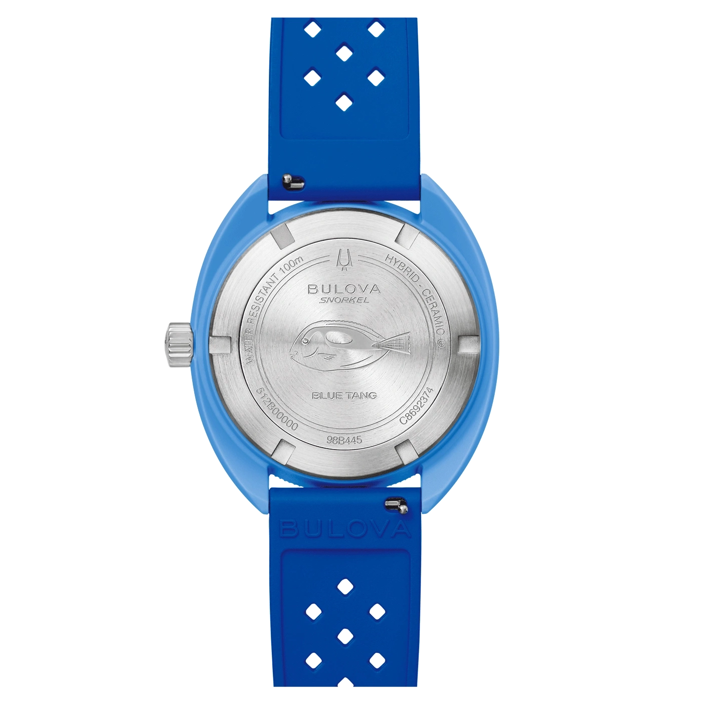 Blaue Bulova Snorkel Uhr, Detailansicht des Gehäusebodens und Armbands.