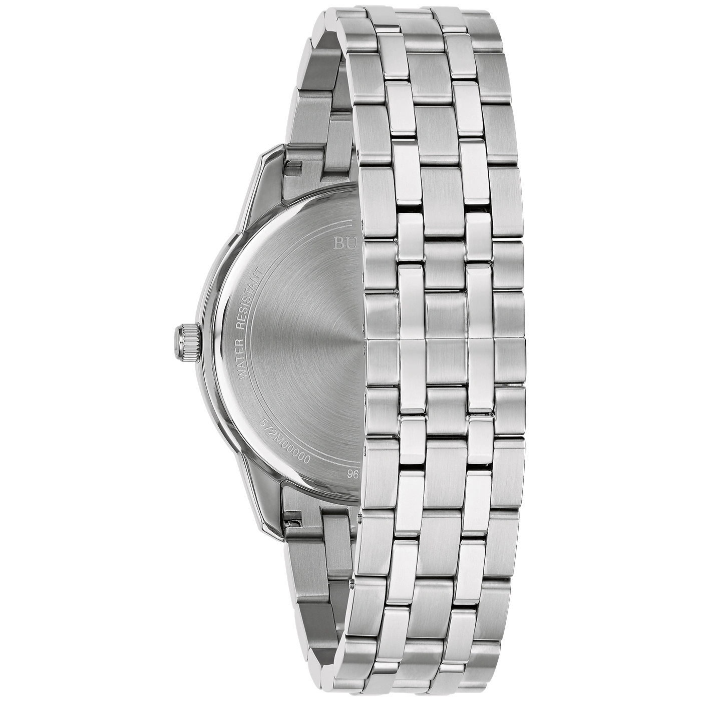 Rückseite einer silbernen Armbanduhr mit Wasserdichtigkeitshinweis