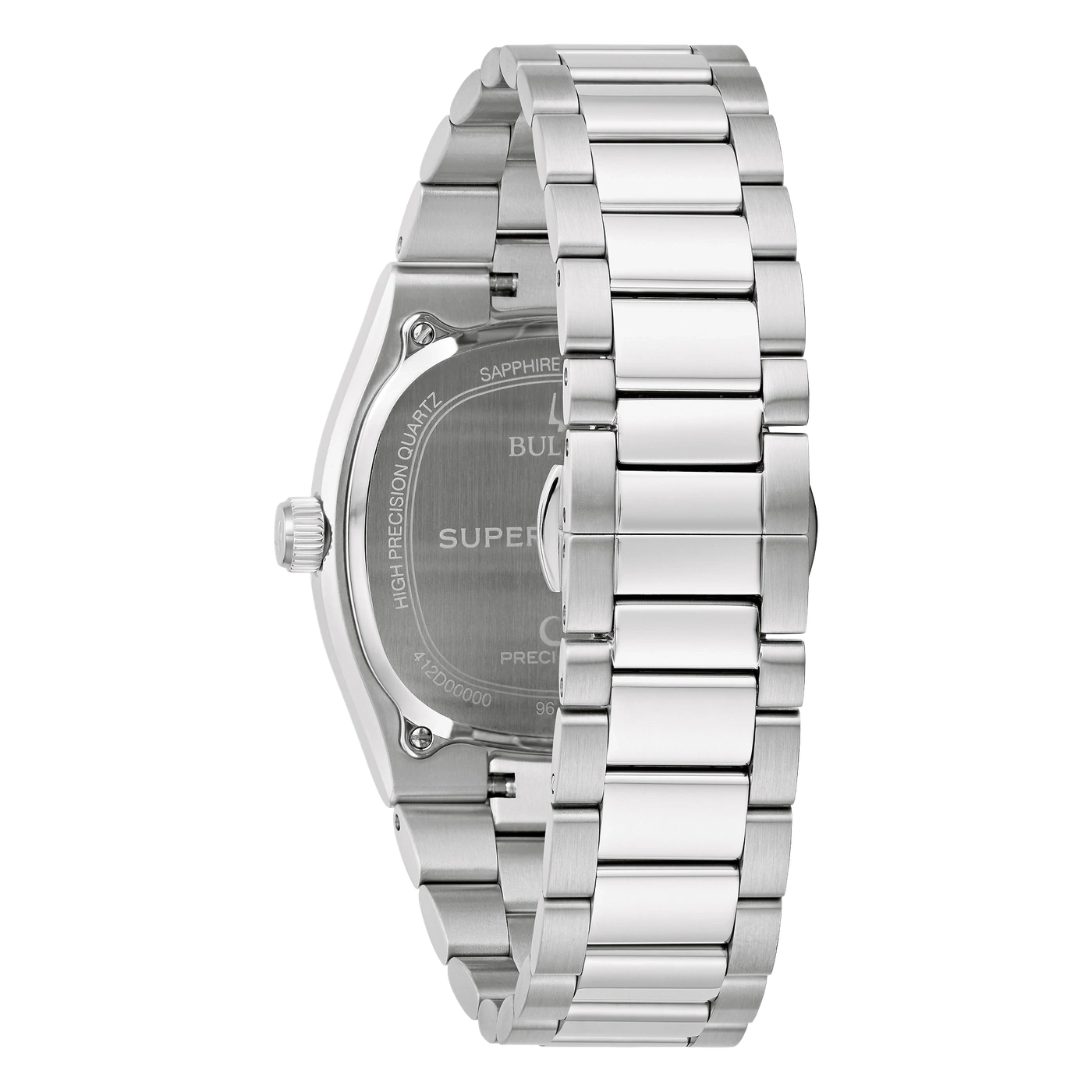 Rückseite einer silbernen Armbanduhr mit Präzisionsangaben