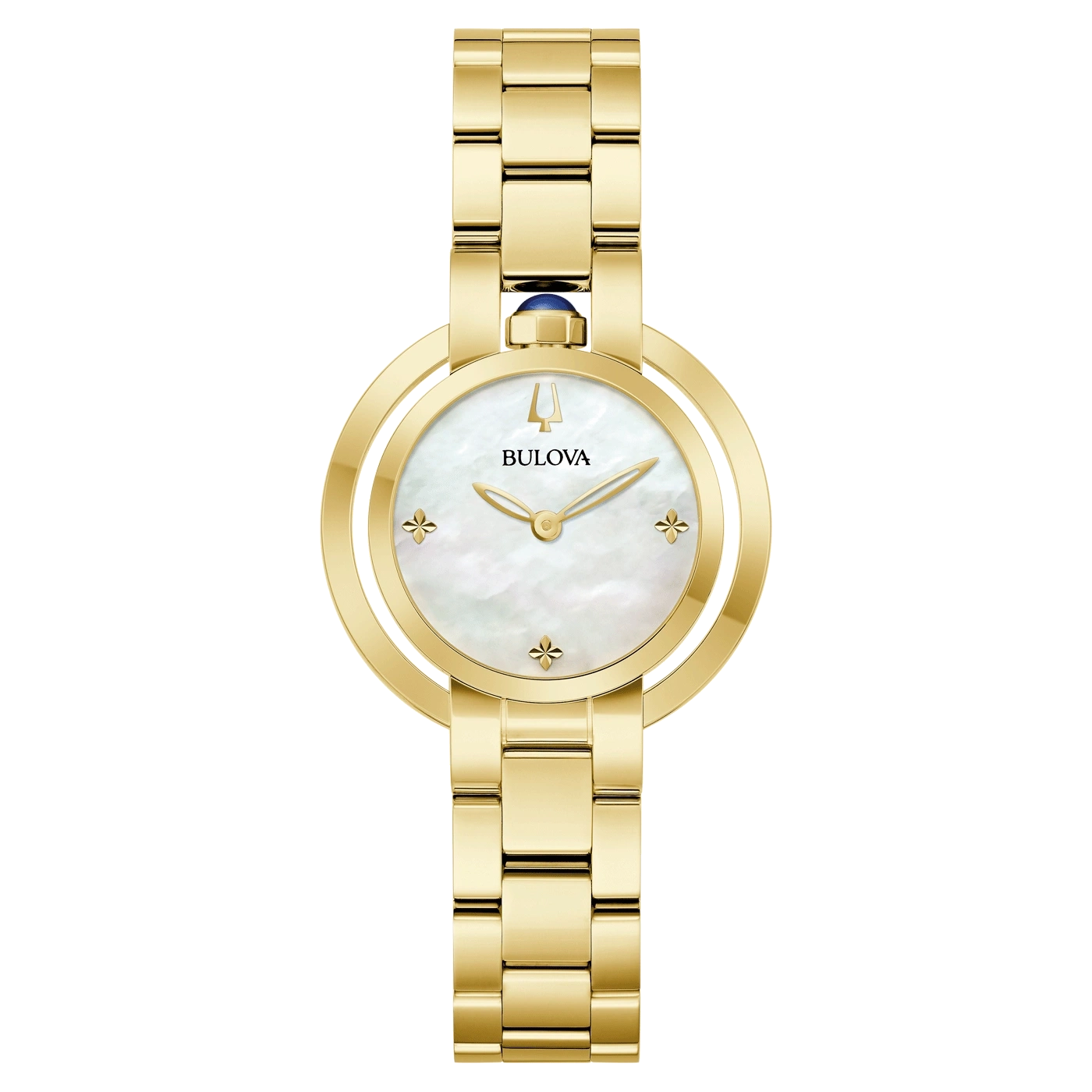 Goldene Bulova-Uhr mit Perlmutt-Zifferblatt und Diamanten, elegant.
