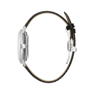 Bulova Uhr, silbernes Gehäuse, schwarzes Lederarmband, Detailaufnahme, Seitenansicht, elegant