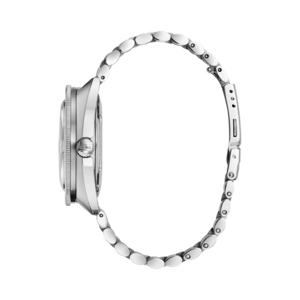 Bulova-Uhr, silbernes Armband, Detailaufnahme, Seitenansicht, elegantes Design, Accessoire