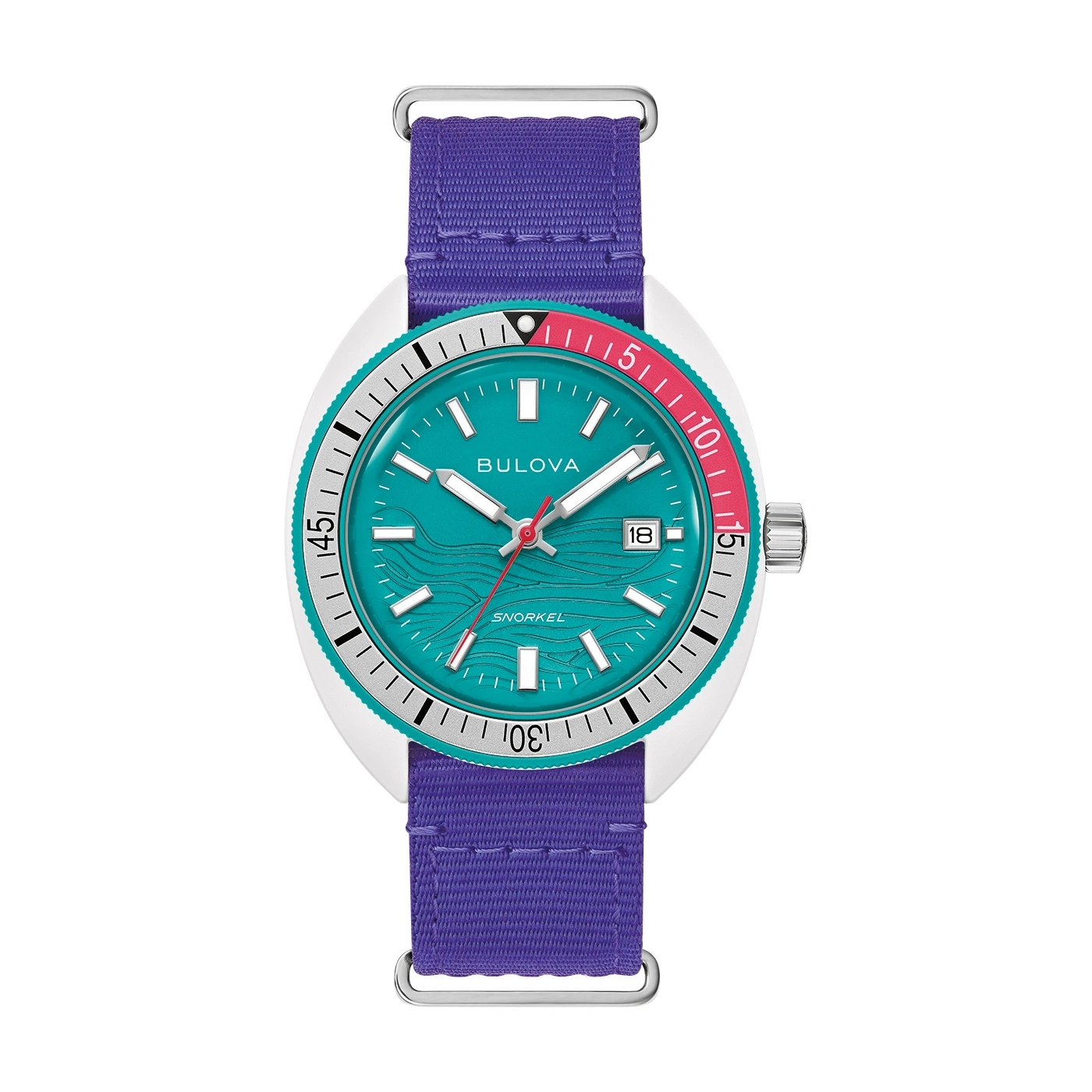 Bulova-Uhr mit blauem Zifferblatt und lila Armband, Nahaufnahme